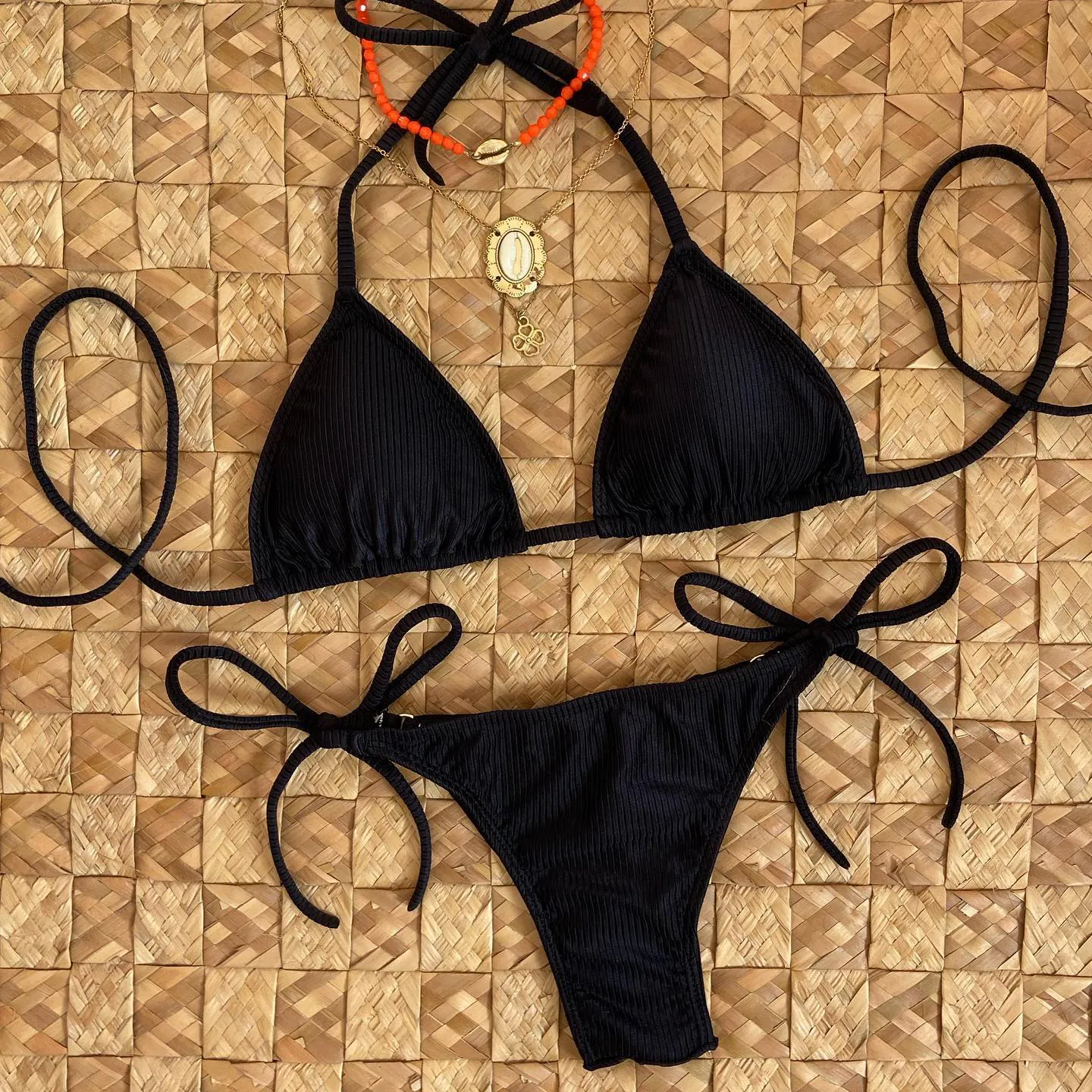 Fashion solid color suspender split swimsuit